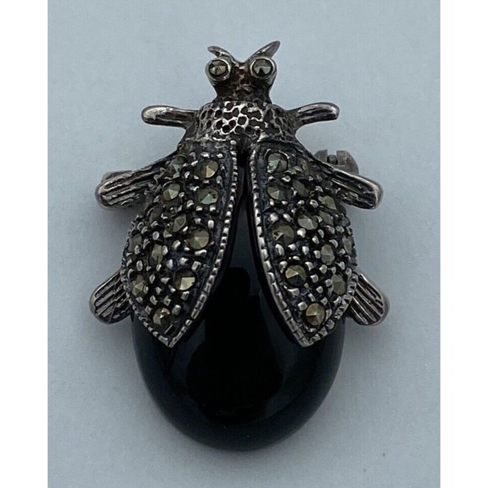 Vintage Sterling Silver Black Onyx Beetle Marcasite Brooch Pin Marked NF